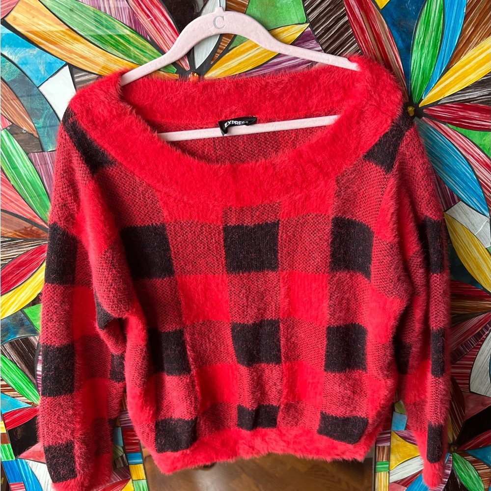 Red and black checkered fuzzy sweater ✨